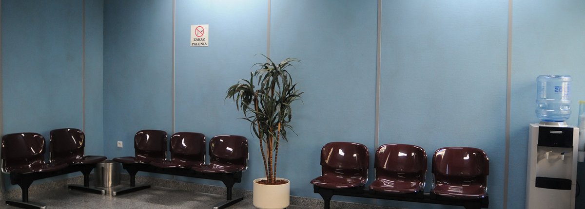 Ein Wartezimmer einer Polizeidirektion in Polen mit 70er Wartestühlen und Palme.