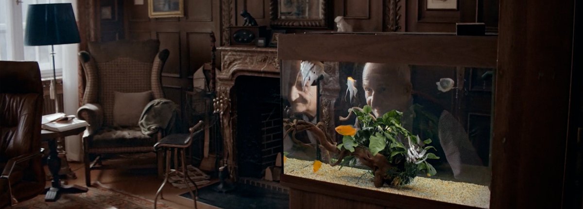 In einem holzvertäfelten Studierzimmer schaut ein älterer Mann sein Aquarium an